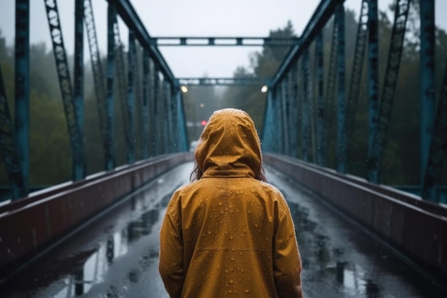 Rückblick auf eine unerkennbare Frau, die in Regen auf einer Brücke steht