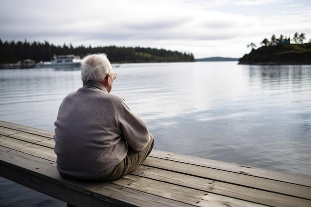 Foto rückblick auf einen älteren mann, der auf dem dock sitzt und auf den ozean schaut