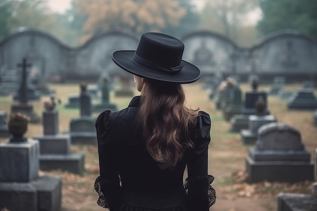 Rücken einer Frau ganz in Schwarz und Hut auf dem Friedhof trauernde Witwe Generative KI