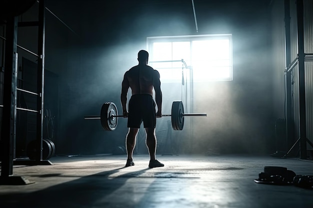 Rücken eines männlichen Athleten im Fitnessstudio, der eine Langhantel hebt Generative KI-Illustration