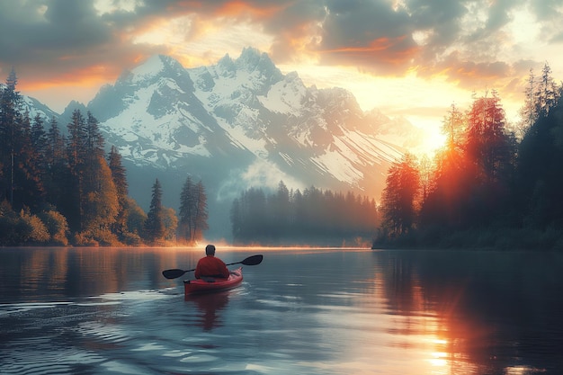 Rücken eines männlichen Kajakfahrers, der im Herbst auf einem See Kajak fährt, mit einer Landschaft von verschneiten Bergen und Wäldern bei Sonnenuntergang