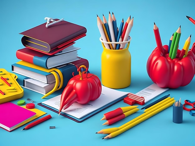 Foto rückkehr zur schulbildung hintergrundkonzept mit schulzubehör und gegenständen 3d-render-illustration