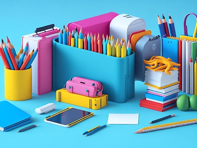 Rückkehr zur Schulbildung Hintergrundkonzept mit Schulzubehör und Gegenständen 3D-Render-Illustration
