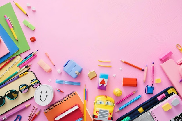 Rückkehr zur Schule Konzept Schulpapierzubehör auf rosa Hintergrund