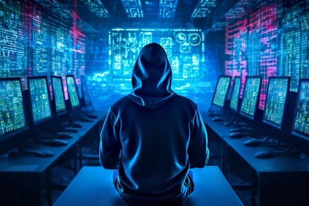 Rückseite eines anonymen Roboter-Hackers Konzept des Hackens von Cybersicherheit, Cyberkriminalität, Cyberangriffen usw. KI generativ