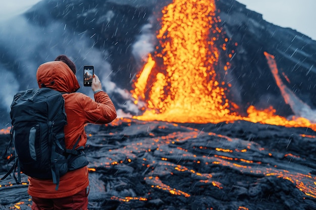 Rückseite eines männlichen Reisenden, der auf einem Smartphone Fotos von einem aktiven ausbrechenden Vulkan in den Bergen macht