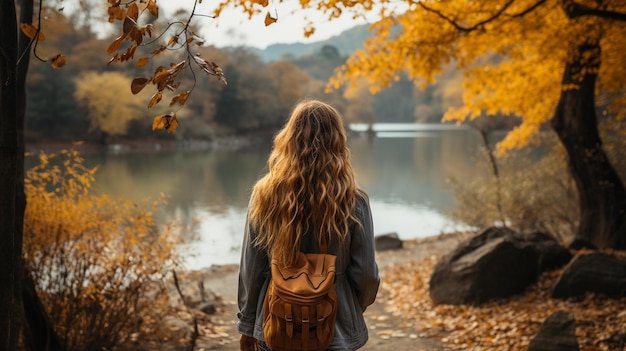 Rücksicht auf ein Mädchen mit einem gelben Rucksack, das im Herbstwald spazieren geht