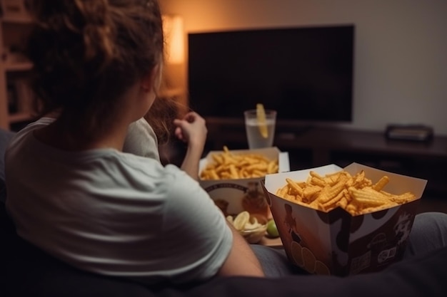 Rücksicht auf ein Paar im Wohnzimmer, das einen Film im Fernseher sieht, während sie Essen zum Mitnehmen isst