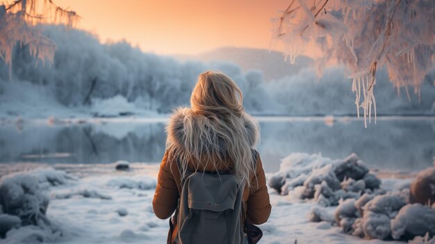 Foto rücksicht auf eine frau, die im winter reist