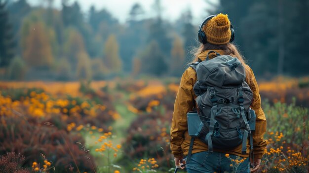 Foto rücksicht auf eine junge wandererin mit rucksack, die im herbst in einem wald nach der natur schaut