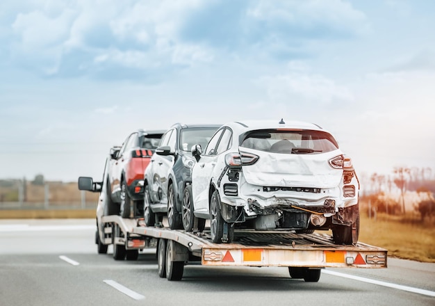 Rücksicht auf einen Abschleppwagen, der 3 beschädigte Autos transportierte Die Kfz-Versicherung bezahlte den tatsächlichen Barwert ACV Kfz-Restaurierung nach der Totalisierung Kfz-Auktionen