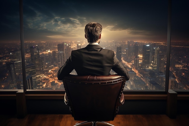 Rücksicht auf einen Anzug gekleideten Geschäftsmann, der auf einem Stuhl mit Blick auf das Fenster mit Blick auf einen Wolkenkratzer sitzt
