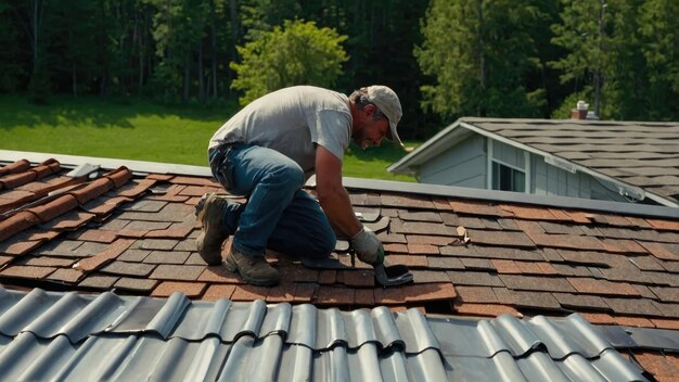 Rücksicht auf einen Bauarbeiter, der während der Arbeit an der Dachkonstruktion eines Gebäudes eine Sicherheitsuniform trägt