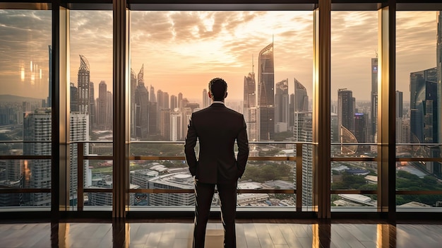 Rücksicht auf einen professionellen Geschäftsmann mit einem großen Glasbildgebäude, das auf die Skyline schaut