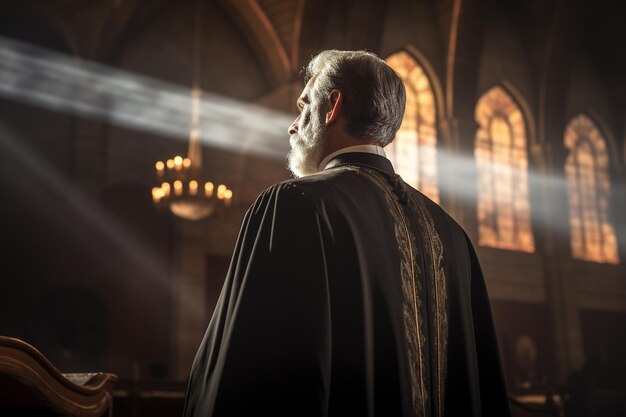 Rückwand des Priesters, der sich das Kircheninterieur anschaut Religionskonzept