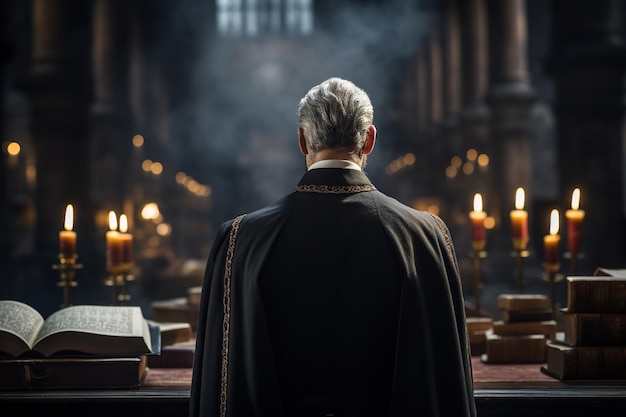 Foto rückwand des priesters, der sich das kircheninterieur anschaut religionskonzept