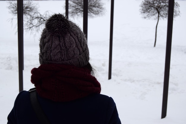 Foto rückwand einer frau, die im winter auf einem schneebedeckten wald steht