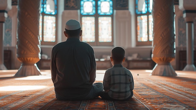Rückwand eines muslimischen Vaters und Sohnes, die in einer Moschee beten, islamisches Konzept Ramadan-Gebet