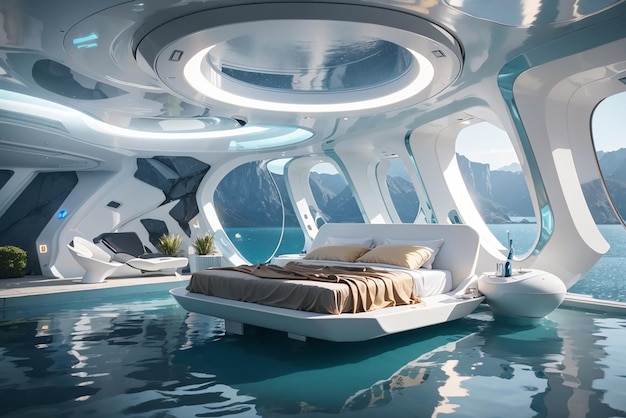 Foto rückzugsort, der der schwerkraft trotzt. schaffen sie ein futuristisches schlafzimmer in einem schwebenden lebensraum