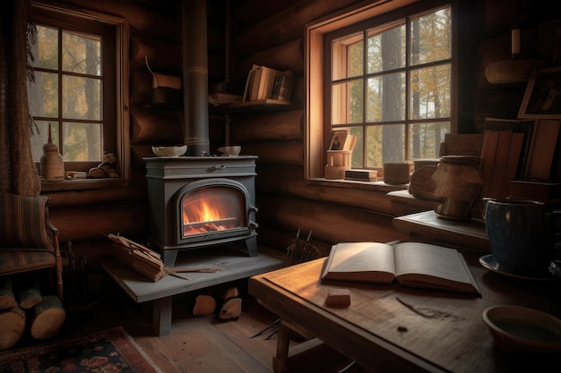 Rückzugsort in der Hütte mit Büchern über den Holzofen und einer heißen Tasse Tee, erzeugt mit generativer KI