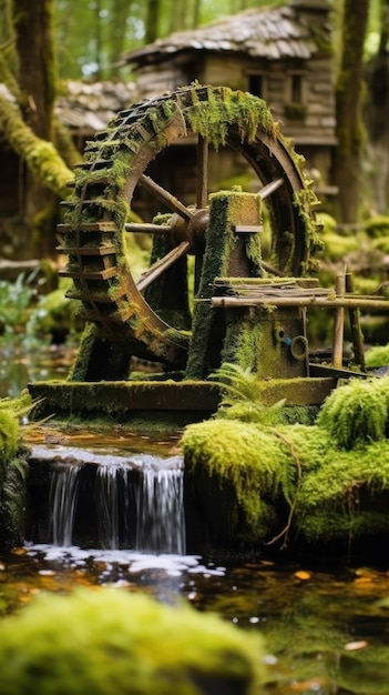 Una rueda de agua en el bosque