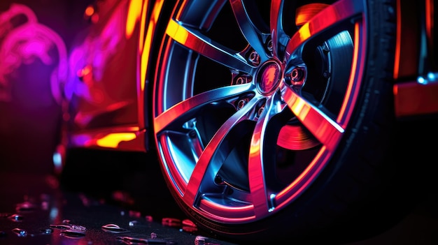 Foto rueda de coche deportivo con luz de neón rueda de automóvil de cerca ai de fondo de neón