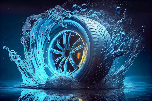 Rueda de coche un neumático y un conjunto de disco fundido caminando sobre el agua espectacular presentación de salpicaduras