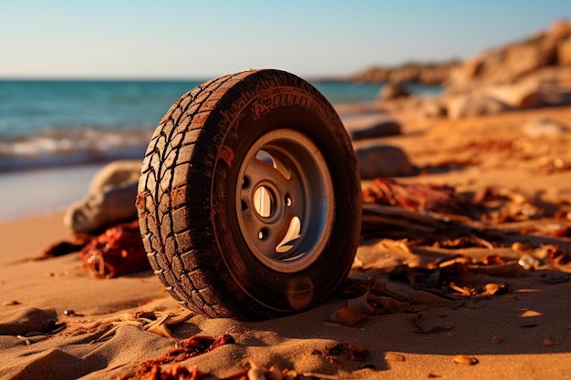 Foto rueda de coche y neumático en la playa al atardecer