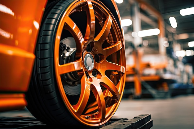 Foto la rueda del coche siendo atendida de cerca con un tinte naranja