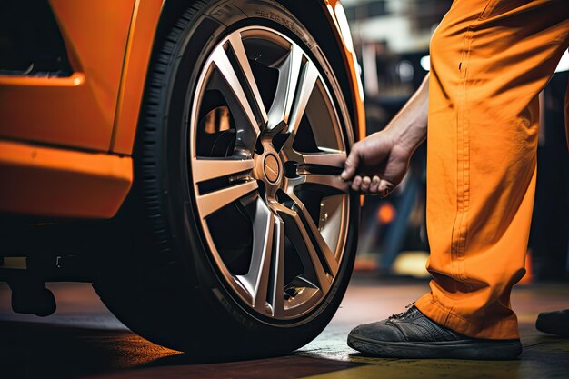 Foto la rueda del coche siendo atendida de cerca con un tinte naranja