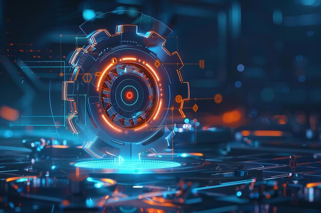 Rueda dentada digital esférica holográfica abstracta con iconos adicionales en un fondo azul Concepto de innovación y soporte técnico Lugar de maqueta animación 3D IA generativa