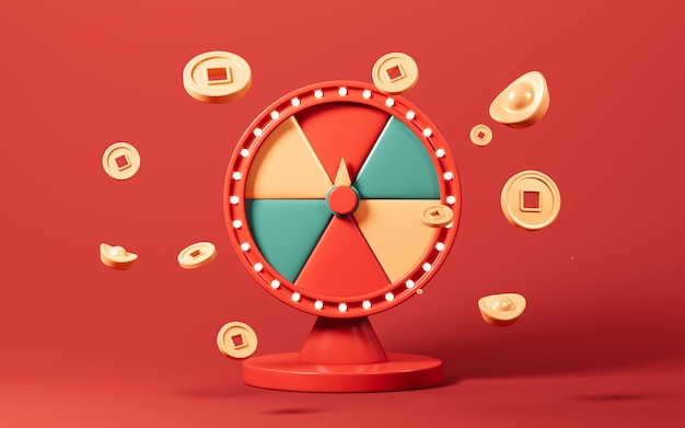 Rueda de la fortuna giratoria con sobres rojos monedas de oro lingotes de oro y así sucesivamente fondo de estilo chino renderización 3d
