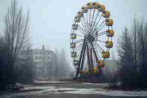 Foto rueda gigante abandonada en el centro de la ciudad de pripyat en la zona de exclusión de chernobyl en un frío día de invierno