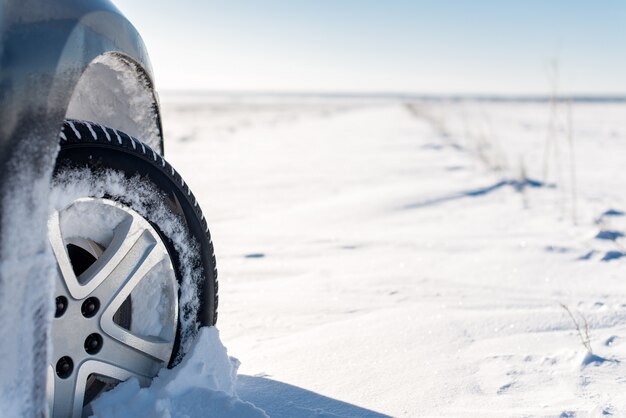 Rueda en la nieve en el campo