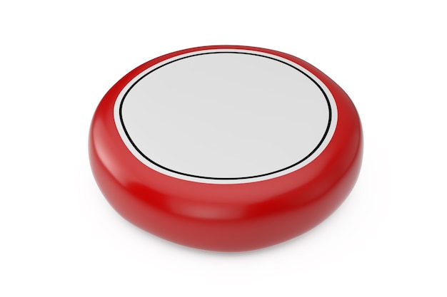 Rueda roja de queso de cera con etiqueta en blanco para su diseño sobre un fondo blanco. Representación 3D