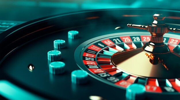 Rueda de ruleta de casino en un fondo azul generada por Ai