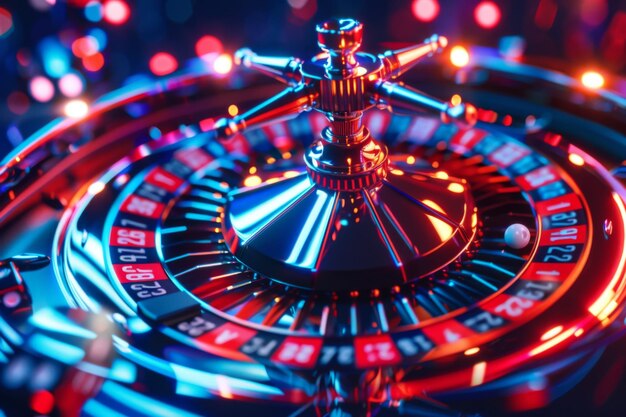 Rueda de ruleta de casino giratoria con desenfoque de movimiento y luces de neón vibrantes en vista de cerca