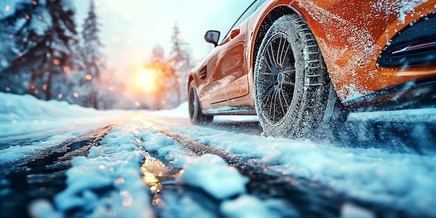 rueda trasera de un coche en una carretera nevada en invierno cerca de los paseos de coche naranja en una carretera en la naturaleza con nieve