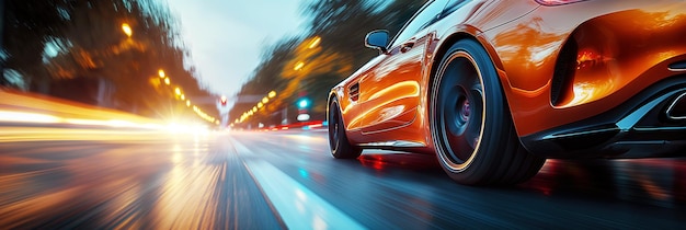 Foto rueda trasera de un coche en movimiento rápido con borrón de movimiento coche deportivo de lujo naranja