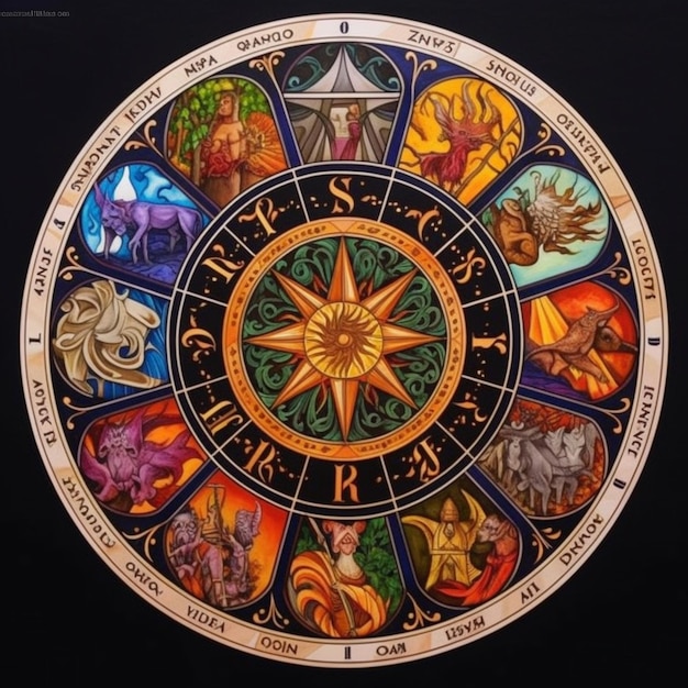 Foto rueda del zodiaco con doce signos del zodiaco generativo ai