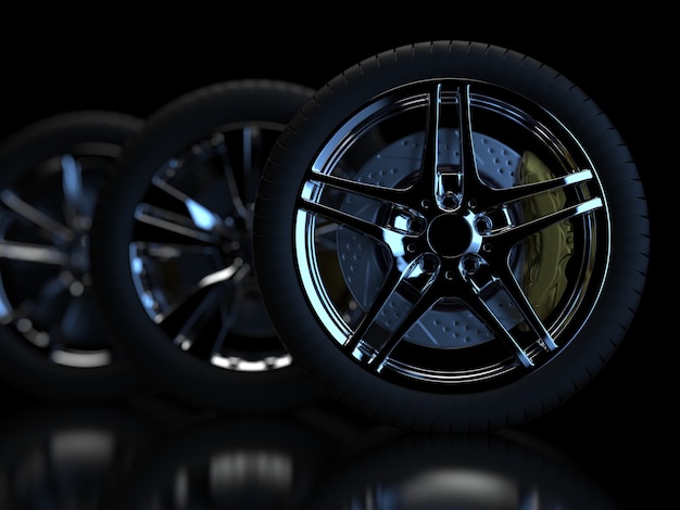 Ruedas de automóvil sobre un fondo oscuro con llantas cromadas closeup 3d render