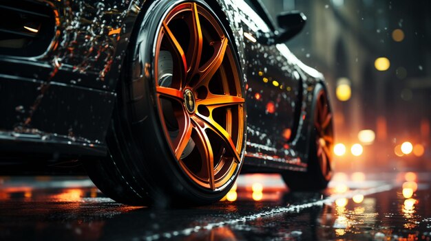 Foto ruedas de coche bajo la lluvia al estilo oscuro