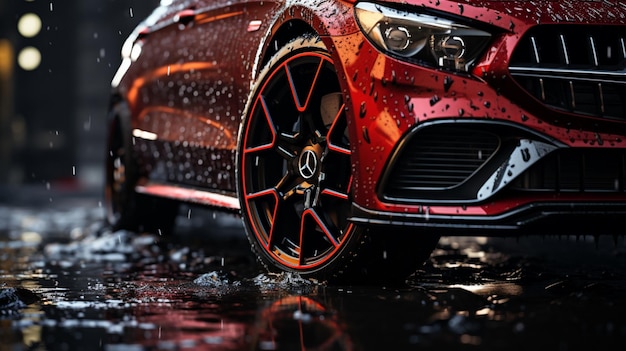 Ruedas de coche bajo la lluvia al estilo oscuro