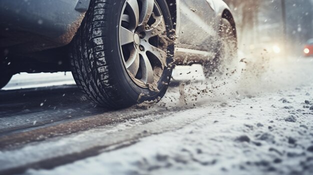 Foto las ruedas de los coches en un camino resbaladizo cubierto de nieve