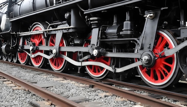 Ruedas mecánicas de una locomotora de vapor de transporte en rieles