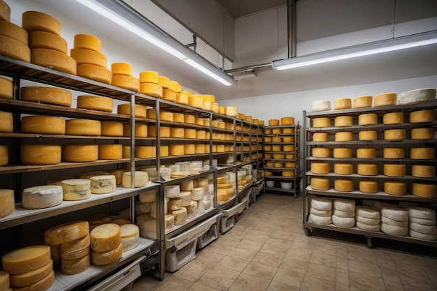 Foto las ruedas de queso maduran en el almacén