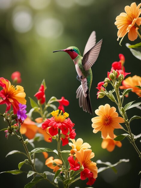 Foto rufous hummingbird chupa néctar en el vuelo con fondo verde