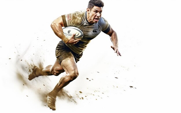 Foto el rugby en acción con un jugador poderoso