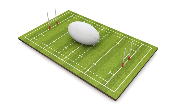 Rugbyfeld mit Ball und Torpfosten 3D Render