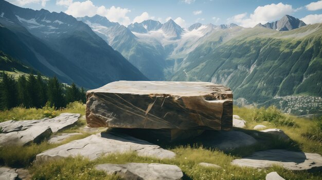 Rugged Elegance Stone Podium zeigt natürliche Produkte in der Bergkulisse Generative KI